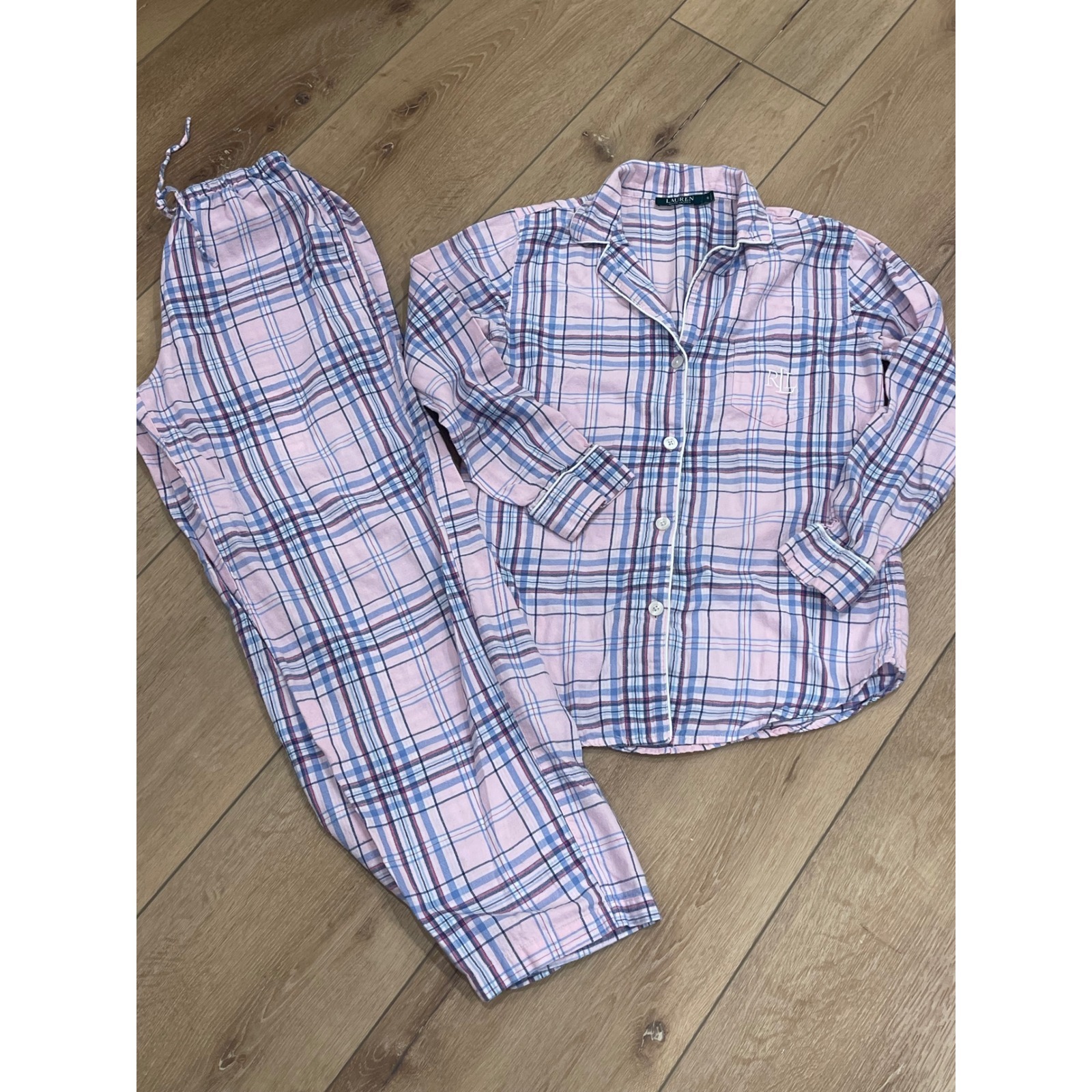 Lauren Ralph Lauren Pink Blue Plaid Flannel Pajama Set Womens Small 2 Piece Pj